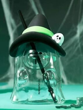 2024 China Starbucks Halloween Green Ghost 28oz Glass Bear Straw Cup & Hat Lid